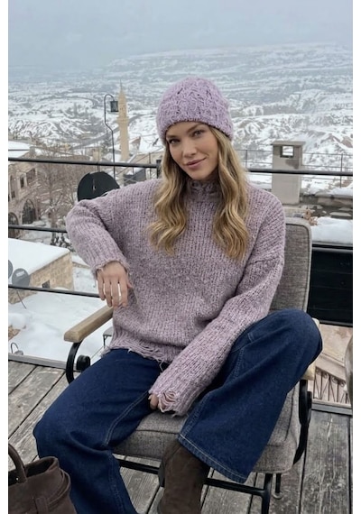 Neden Tekstil Kadın Premium Yırtık Detaylı Oversize Triko Kazak - Lila