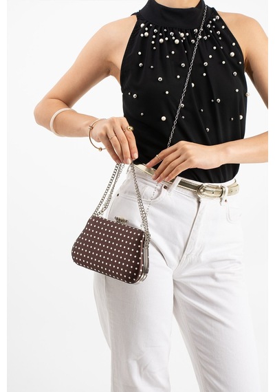 Lebibe Shoes Polkıa Kahverengi Saten Kumaş Puantiye Desenli Zincir Askılı Klips Kapamalı Clutch Çanta