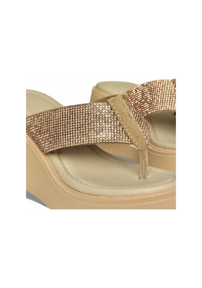 Fox Shoes Y973525309 Bej Taş Detaylı Parmak Arası Kalın Tabanlı Kadın Terlik Bej