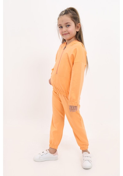 Toontoy Kids Toontoy Kız Çocuk 2'li Takım Kapüşonlu Fermuarlı Sweatshirt & Beli Paçası Lastikli Jogger Eşofman Altı - 2 İplik Turuncu