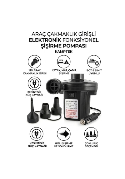 Kamptek 12v Araç Çakmaklık Girişli Elektrikli Şişirme Pompası - Yatak, Mat, Bot Ve Çadır Şişirme Pompası 3 Farklı Uçlu
