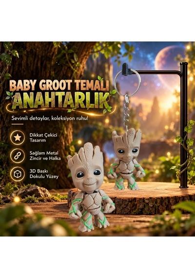 Baby Groot Anahtarlık 3d Figürlü Çanta Ve Anahtar Aksesuarı Gümüş