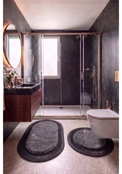 Banyo Paspası Takımı 60x100+60x60 Cm İç Trikot Antrasit Gri & Siyah