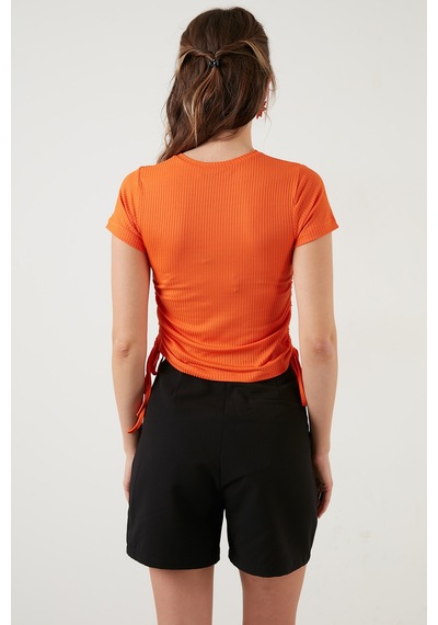 Lela Yanlardan Büzgülü Kısa Kollu Crop Bayan Bluz 5864010 Oranj