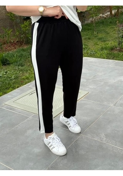 Defymoda Kadın Modal Dokulu Kumaş Yanı Şeritli Takım Siyah