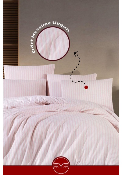Saten Çizgili Çift Kişilik Lüks Nevresim Takımı Set 200x200 Cm Pembe