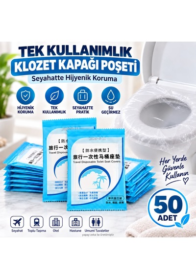 50 Adet Tek Kullanımlık Klozet Kapağı Poşeti Seyahat Tipi Hijyenik Su Geçirmez Koruyucu