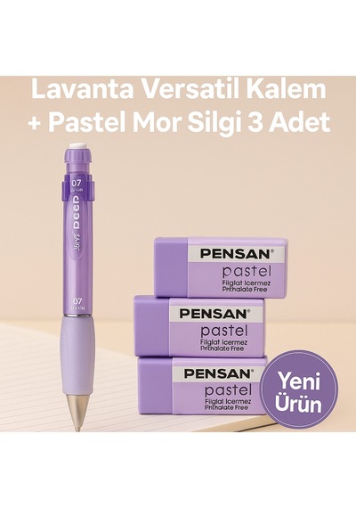 Lavanta Versatil Kalem + Pastel Mor Silgi 3 Adet Lavanta