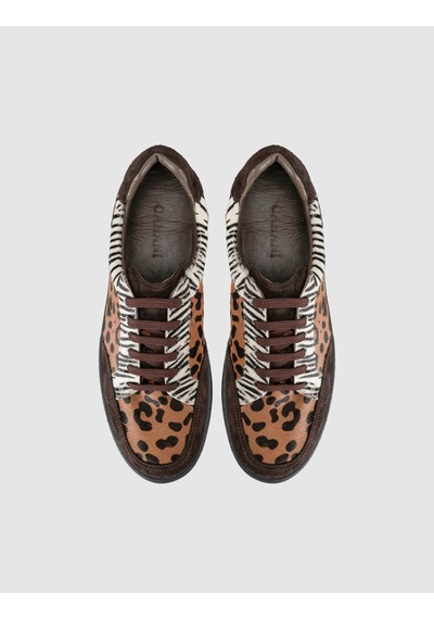 Leopar Desenli Süet Deri Kadın Sneaker Ayakkabı Kahverengi