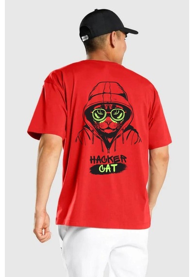 Hacker Kedi Bilgisayar Korsanı Yeşil Gözlük Kırmızı Oversize Unisex Ön Ve Sırt Baskılı Tişört Kırmızı
