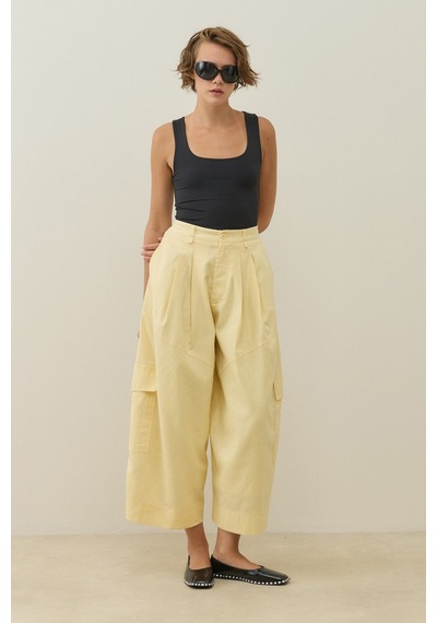 Molene Sarı Kargo Cepli Crop Keten Pantolon