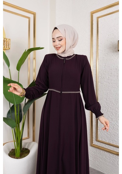 Nevayla Moda Yaka Ve Bel Nakış Detaylı Ferace - Mürdüm / F0143 Mürdüm
