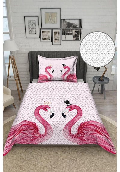 Flamingo Desenli Kadife Kumaş Kapitoneli Tek Kişilik Yatak Örtüsü Seti 2 Parça Tky0040 Çok Renkli