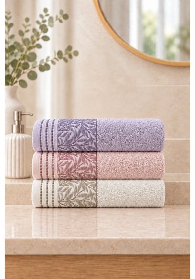 Botanical Garden Yaprak Desenli El Yüz Havlusu 50x90 Cm 3 Lü Set %100 Pamuk - Velvet Lilac Çok Renkli