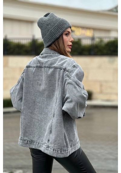 Kadın Gri Apaş Yaka, Çift Cepli, Kaliteli Jeans Kumaş, Salaş Kot Ceket Antrasit