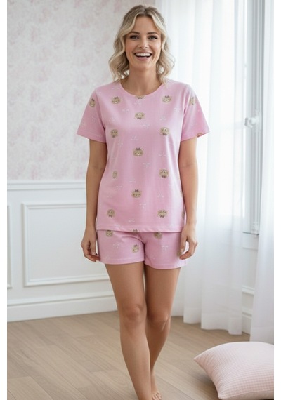 Siyah İnci Pembe Desenli Pamuklu Bisiklet Yaka Örme Şortlu Pijama Takım
