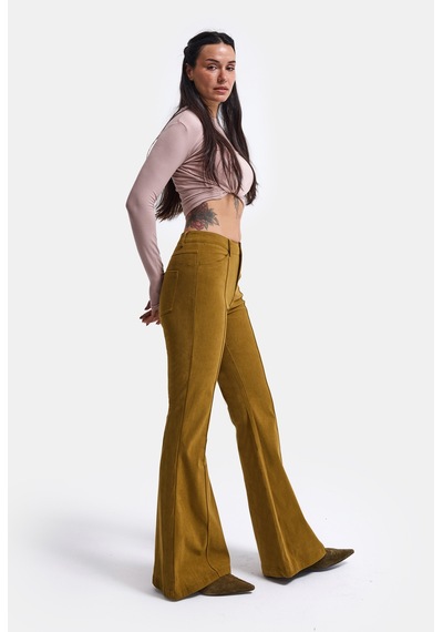 Kadın Yağ Yeşili Flare Fit Pürüzsüz Dokulu Esnek Velvet Kadife Kumaş Pantolon Haki