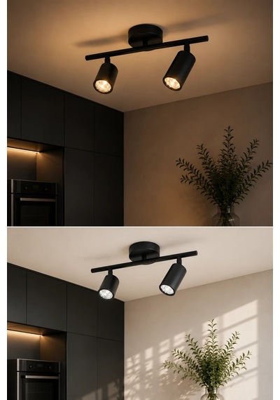 2'li Siyah Modern Şık Hareketli Ray Spot Aydınlatma Armatürü Başlıklı Tavan Spotu 50 Cm Mat Siyah