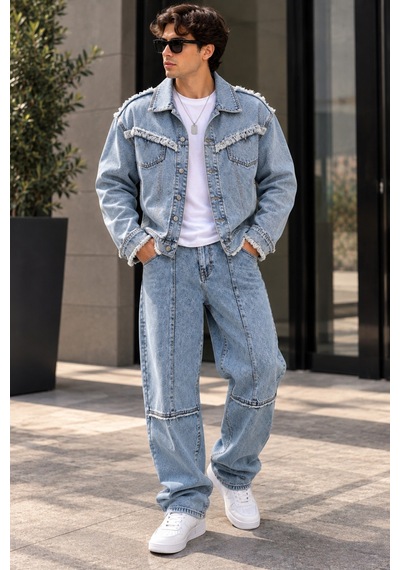 Erkek Açık Mavi Denim Takım Püsküllü Jean Ceket Ve Baggy Bol Paça Pantolon Oversize İkili Takım Erkek Açık Mavi Denim Takım Püsküllü Jean Ceket Ve Baggy Bol Paça Pantolon Oversize İkili Takım