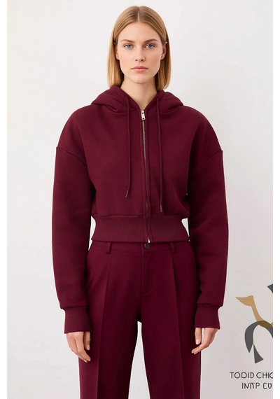 Benerly Kadın Kapüşonlu Fermuarlı Uzun Kollu Örme Sweatshirt Fonksiyonel Mürdüm