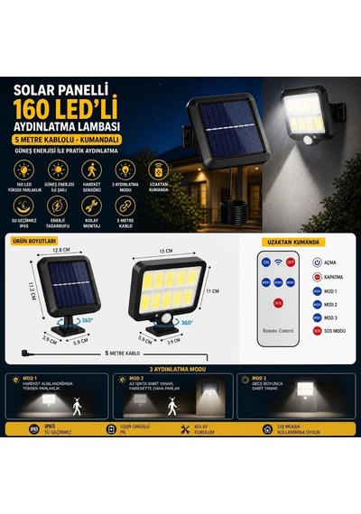 160 Led Solar Bahçe Aydınlatması, 6&apos Lı Güneş Panelli Led Lamba, 5 Metre Kablolu Ve Kumandalı 5570 Sarı