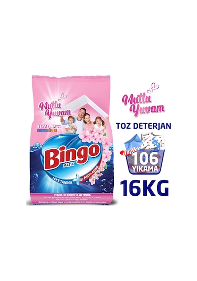 Bingo Matik Mutlu Yuvam Renkliler ve Beyazlar için Toz Çamaşır Deterjanı 2 x 8 KG