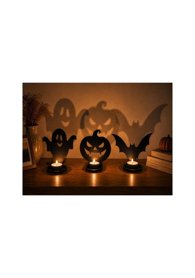 Arliadesign Halloween Ahşap Mumluk Seti / Hayalet, Balkabağı Ve Yarasa Dekoratif Tealight Mumluk 13x 15 Cm 3 Mm Siyah Mdf