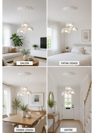 Lotus Çiçek Tasarım Üçlü Sarkıt Avize - Modern Tasarım Gece Lambası İç Dış Ortama Uygun - 25 Cm - Beyaz