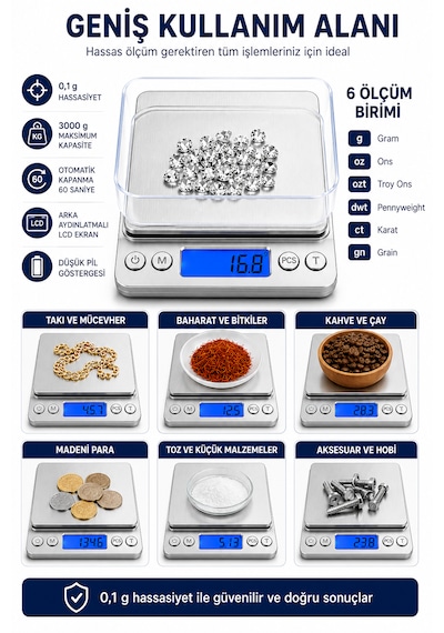 Dijital Hassas Mutfak Tartısı 3000 G Kapasiteli 0,1 G Hassasiyetli Lcd Ekranlı 6 Ölçüm Birimli Açık Gri