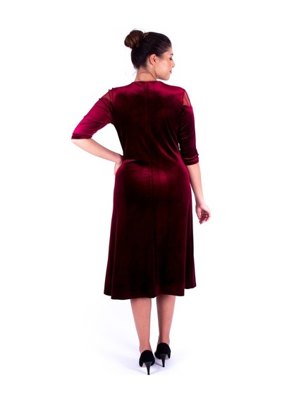 Nidya Moda Büyük Beden Kadın Bordo Kadife Abiye Elbise-4123B Bordo