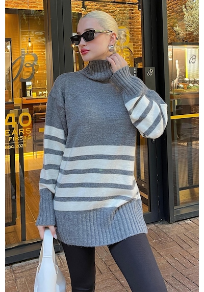 Madmext Gri Oversize Balıkçı Yaka Çizgili Kazak Mg2168 Gri