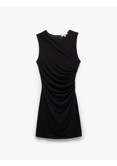 Koton Drape Detaylı Kolsuz Bisiklet Yaka Mini Sandy Kumaş Elbise Siyah 5sak80303ek Siyah