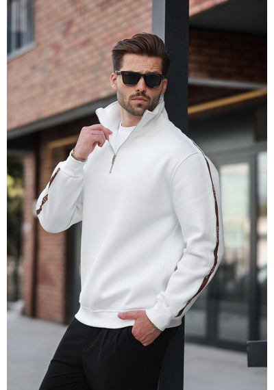 Madmext Ekru Fermuarlı Yarım Balıkçı Yaka Erkek Sweatshirt E7164 Ekru