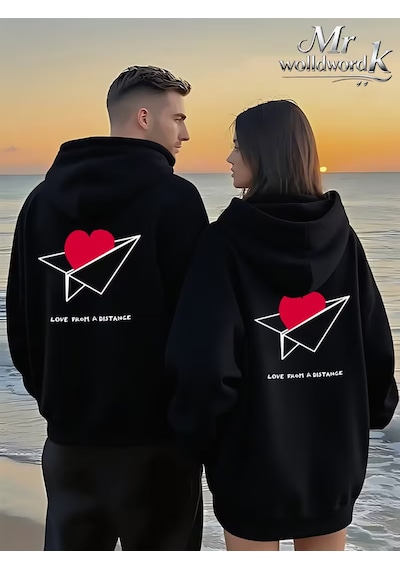 Nevermind Love From A Distance Sevgili Kombini Hoodie Unisex Oversize Kapüşonlu Sweatshirt 2 Li Set Siyah