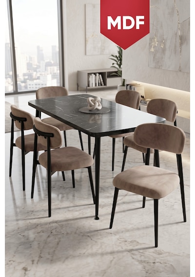 Runes Serisi Mdf Sabit 80x130 Siyah Mermer Desen Mutfak Masası Takımı 6 Sandalye Siyah Mermer - Cappucino Runes Serisi Mdf Sabit 80x130 Siyah Mermer Desen Mutfak Masası Takımı 6 Sandalye Siyah Mermer - Cappucino