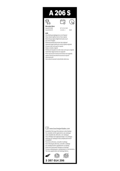 Aerotwin Silecek Seti Mercedes Gla W247 2024-2024 , Eqa W243 2022-2024 , B Serisi W246/w247 2016-2023 650/475 Mm A206s 3397014206