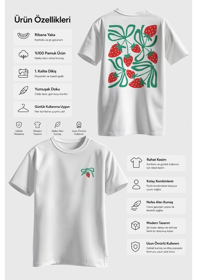 Spoyi Strawberry Bow Tasarımlı %100 Pamuk Yarım Oversize Beyaz T-shirt
