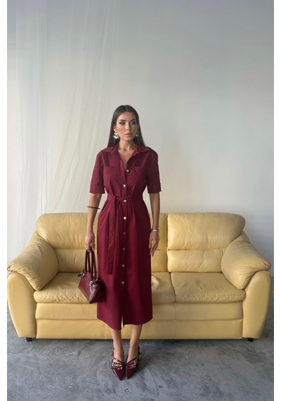 Dogutrend Tencel Önden Düğmeli Kısa Kol Elbise - Bordo