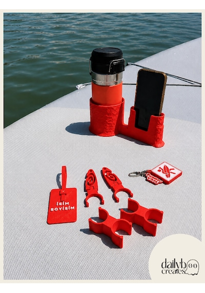 Sup Board Telefon Termos Tutucu Paddle Board Kano Aksesuar Seti Kürek Sabitleme + Organizer + Telefon & İçecek Tutucu + Charm Anahtarlık + Kişiye Özel İsimlik Kırmızı