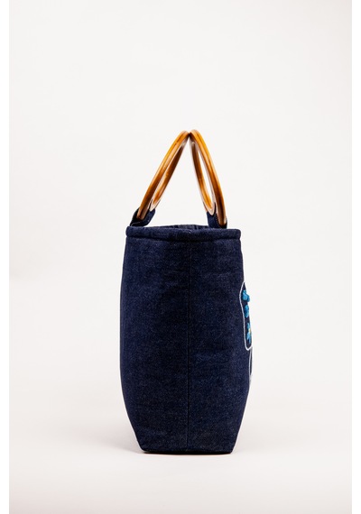 Fabric Craft Bag El Çantası Kot Kumaş Ahşap Saplı Kelebek Nakışlı İçi Astarlı Mıknatıslı 38x30 Cm Kot Lacivert