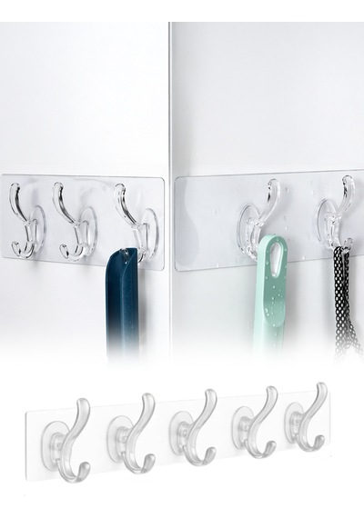 Yapışkanlı 5 Kancalı Askı Şeffaf Duvar Organizer Banyo Mutfak Çoklu Askı Aparatı Diğer