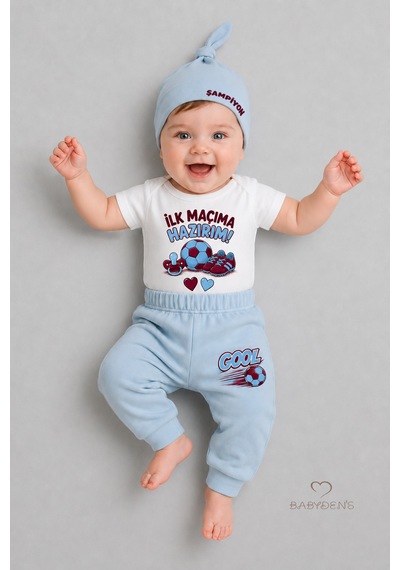 Babyden's Bebek 3'lü Takım Bordo Mavi Taraftar Temalı Kısa Kol %100 Pamuk Yenidoğan Body Pantolon Şapka Seti İlk Maçıma Hazırım 0-9 Ay
