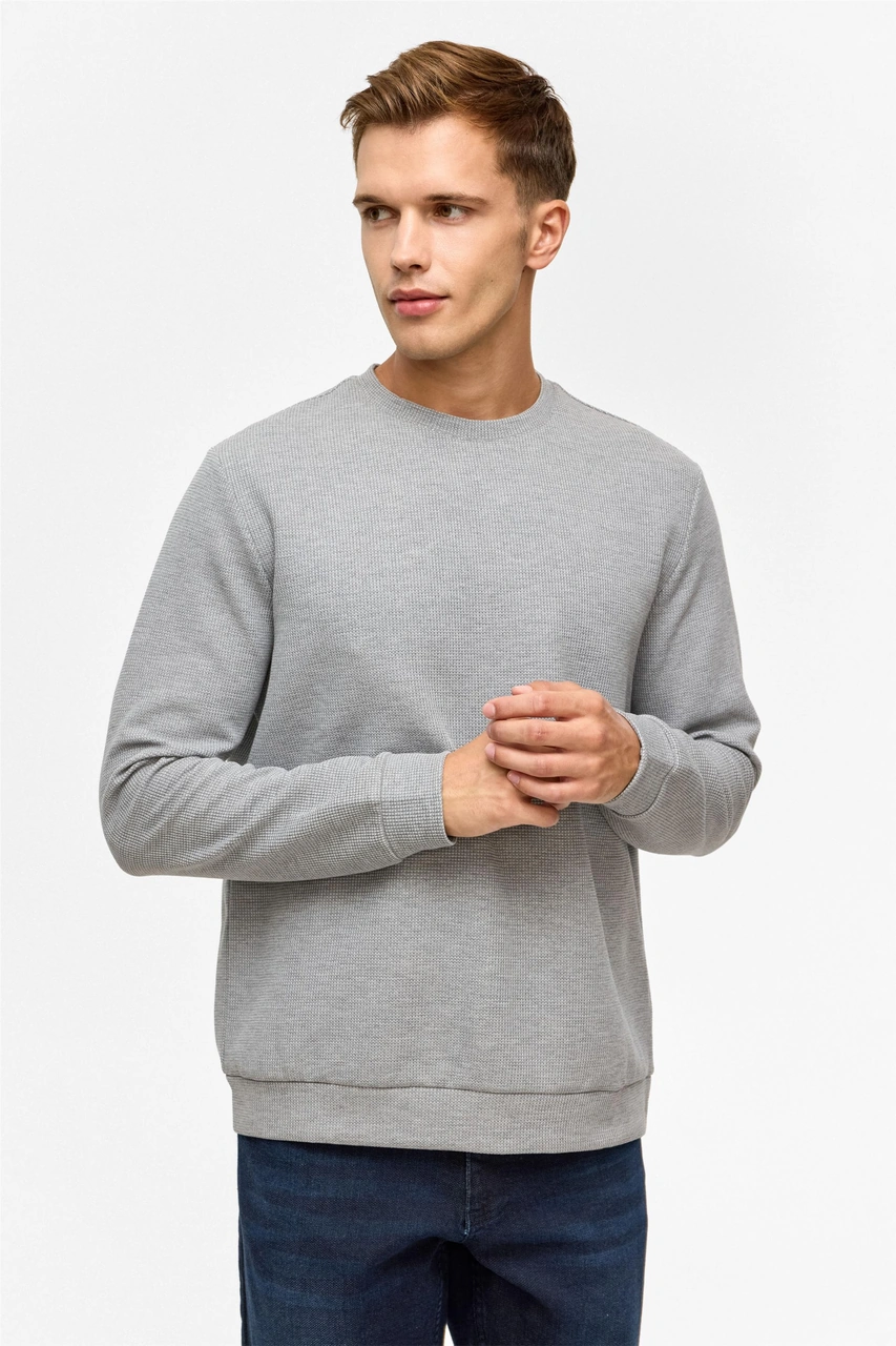 Süvari Gri Regular Düz Bisiklet Yaka Sweatshirt-38788 Gri