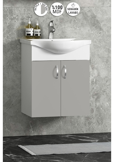 Yıldız 50 Cm Sis Gri Mdf Seramik Lavabolu Asma Alt Banyo Dolabı Beyaz-sis Gri