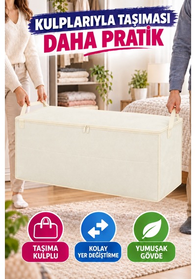Büyük Hurç 100x50x50 Cm Fermuarlı Kapaklı Taşıma Kulplu Yorgan Battaniye Kıyafet Saklama Kutusu Krem