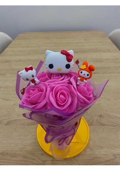 Hello Kitty Temalı Buket Pembe Yapay Gül Buketi Bebek Pembesi