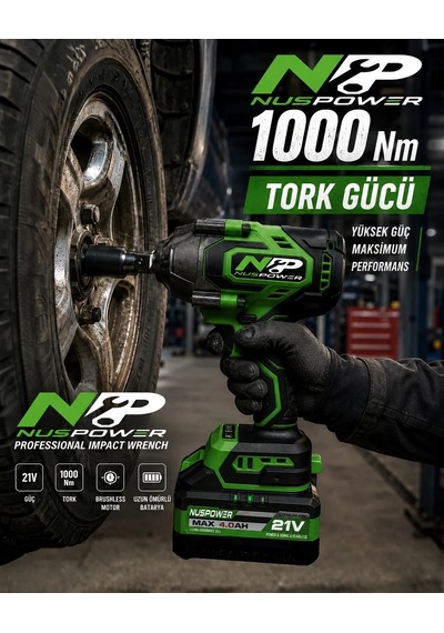 Nuspower Profesyonel 1000 Nm Akülü Darbeli Somun Sıkma Makinesi Kömürsüz Motor 21v Yeşil