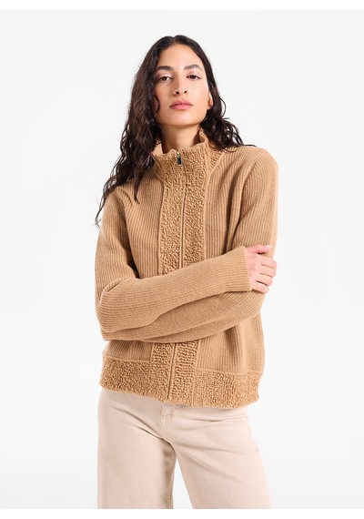 Fabrika F6wl-hrk0048 Camel Kadın Dik Yaka Fitilli Regular Fit Triko Hırka
