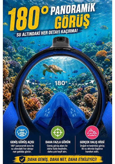 Mavi Siyah Full Face Şnorkel Maske L Xl Tam Yüz Dalış Maskesi Sarı Geniş Görüş Anti Fog Deniz Maske