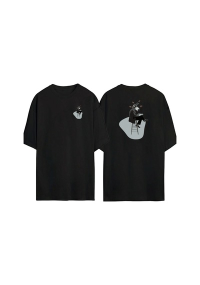 Thewert Unisex Resim Çizen Fotograf Makinası Ön Arka Baskılı Sıyah Oversize T-shirt Siyah